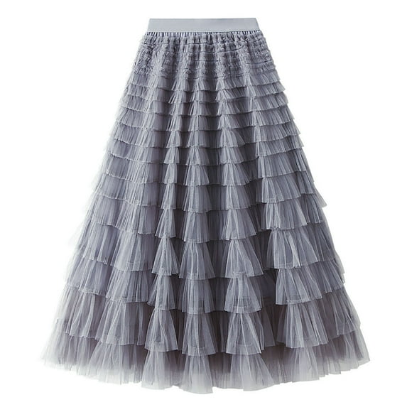 IROINNID tail Elastic Waist Skirt For Women Ruffled Mesh Skirt High Waist Prom Poached Skirt Half Skirt Solid Color Skirt