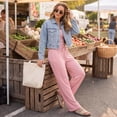 thumbnail image 5 of 2 Piece Sets for Women V Neck Long Sleeve Crop Top Pocket Wide Leg Pants Matching Sets Women Clothing for Daily Going‑Out Outfit Pink S, 5 of 7