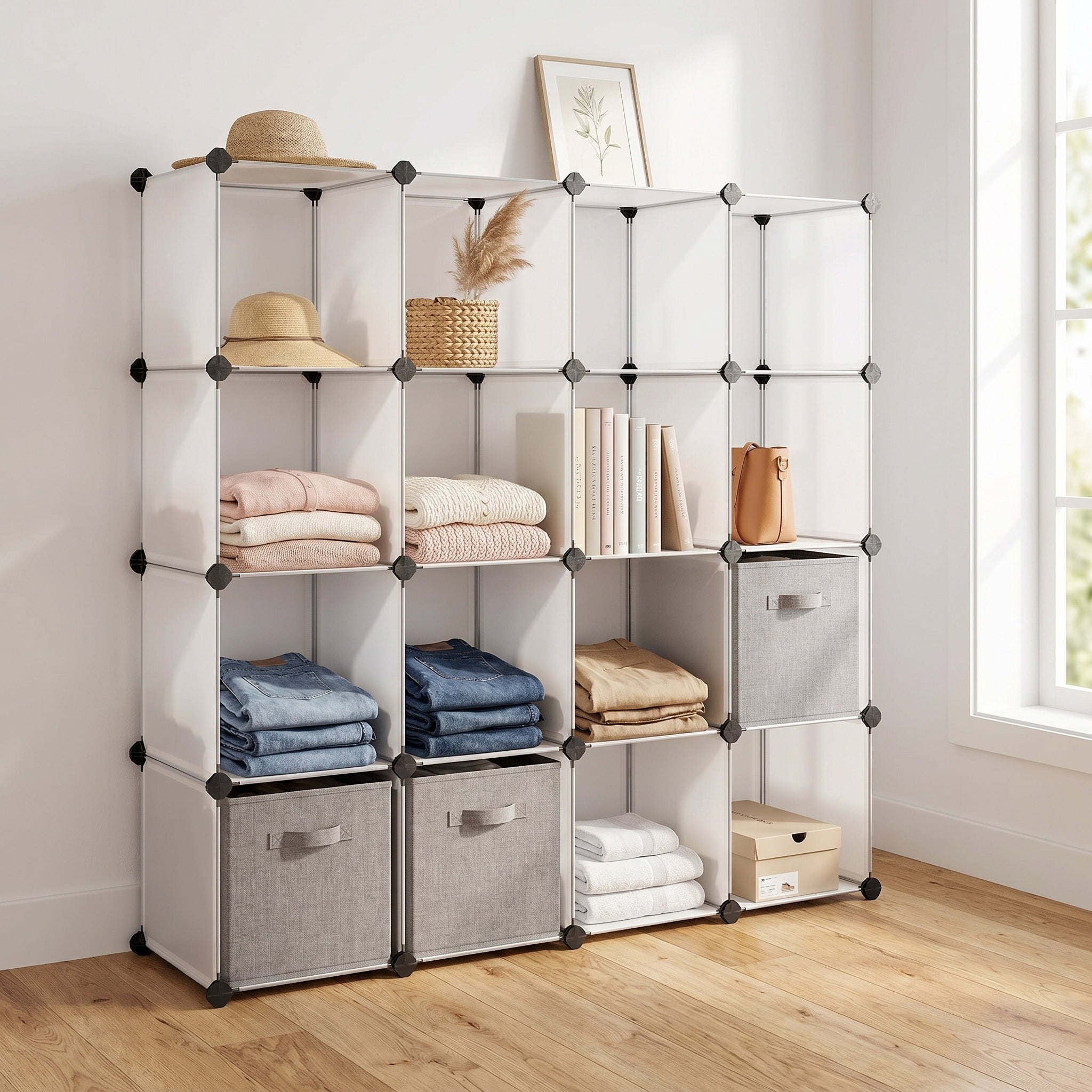 Nordic Hygge 16-Cube Modular Storage Organizer, DIY Plastic Closet Storage and Bookshelf – White