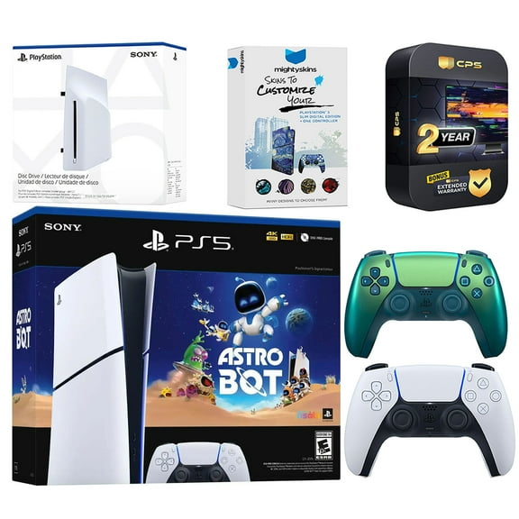 Sony PlayStation 5 Astro Bot Slim Digital Bundle with Disc Drive, Extra Controller, MightySkins Voucher and 2 Year Extended Warranty - Chroma Teal