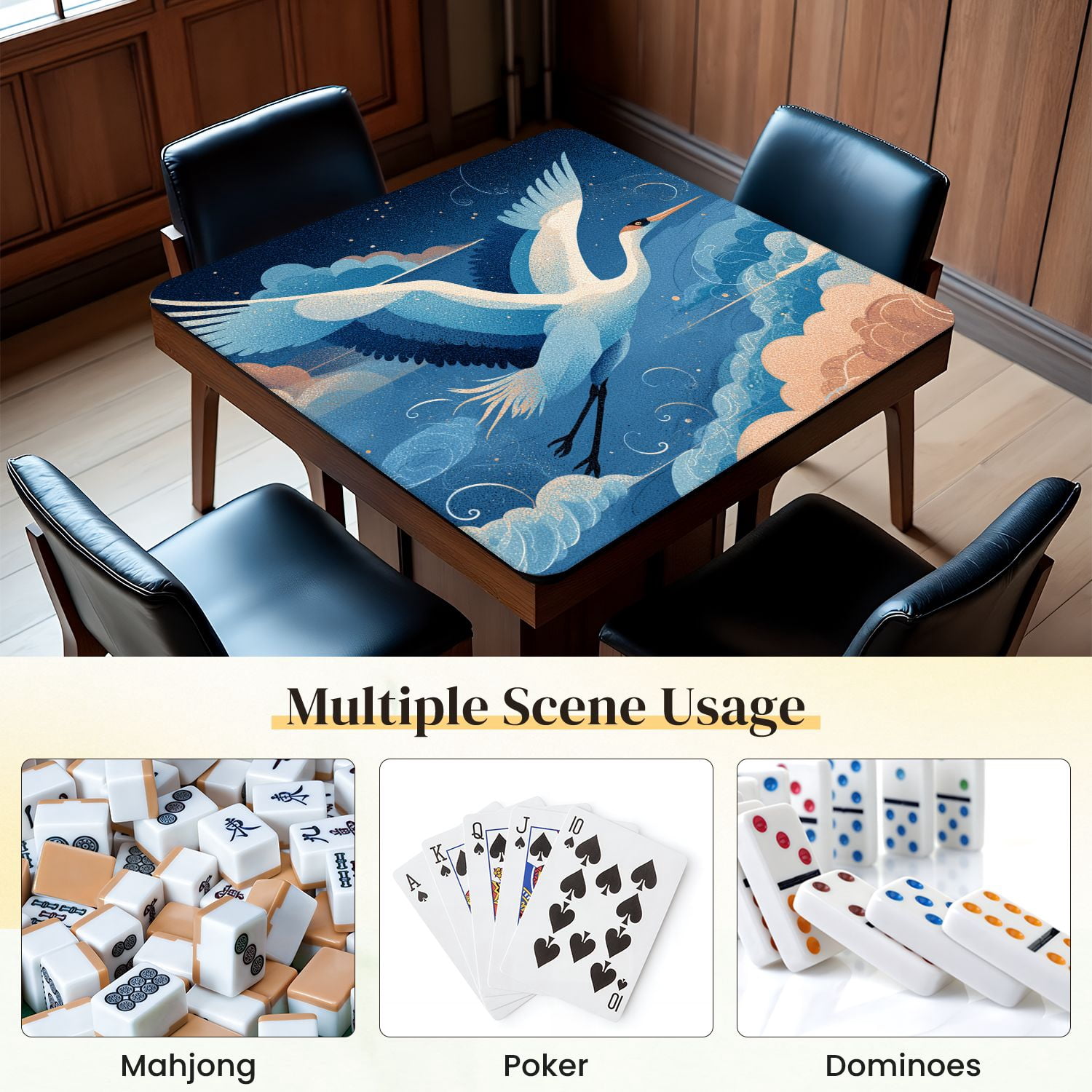 Chinoiserie Mahjong Mat 31.5" x 31.5" Majestic Crane Mid Flight Artwork Non-Slip Noise Reduction Mahjong Tiles Table Cover for Dominoes Poker Card Board and Tile Games