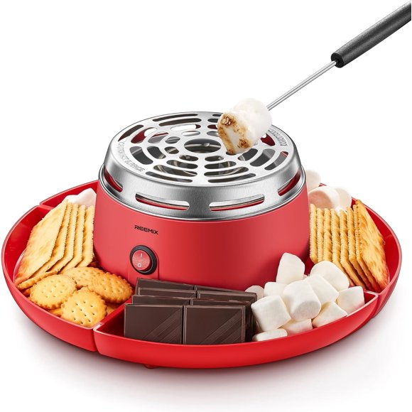 S'mores Rôtissoire Électrique Sans Flamme en Forme de Guimauve avec 4 Plateaux Détachables et 6 Fourchettes de Rôtissage, Ensemble-Cadeau et Idée de Soirée Galante, Rouge