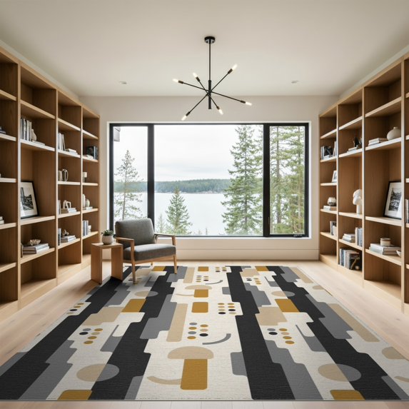 ODIKA 9'x12' Gray Beige Geometric Modern Design Washable Area Rug Abstract Shapes with Bold Patterns for Dining Room, Basement, Large Office, Non-Slip Chair-Friendly