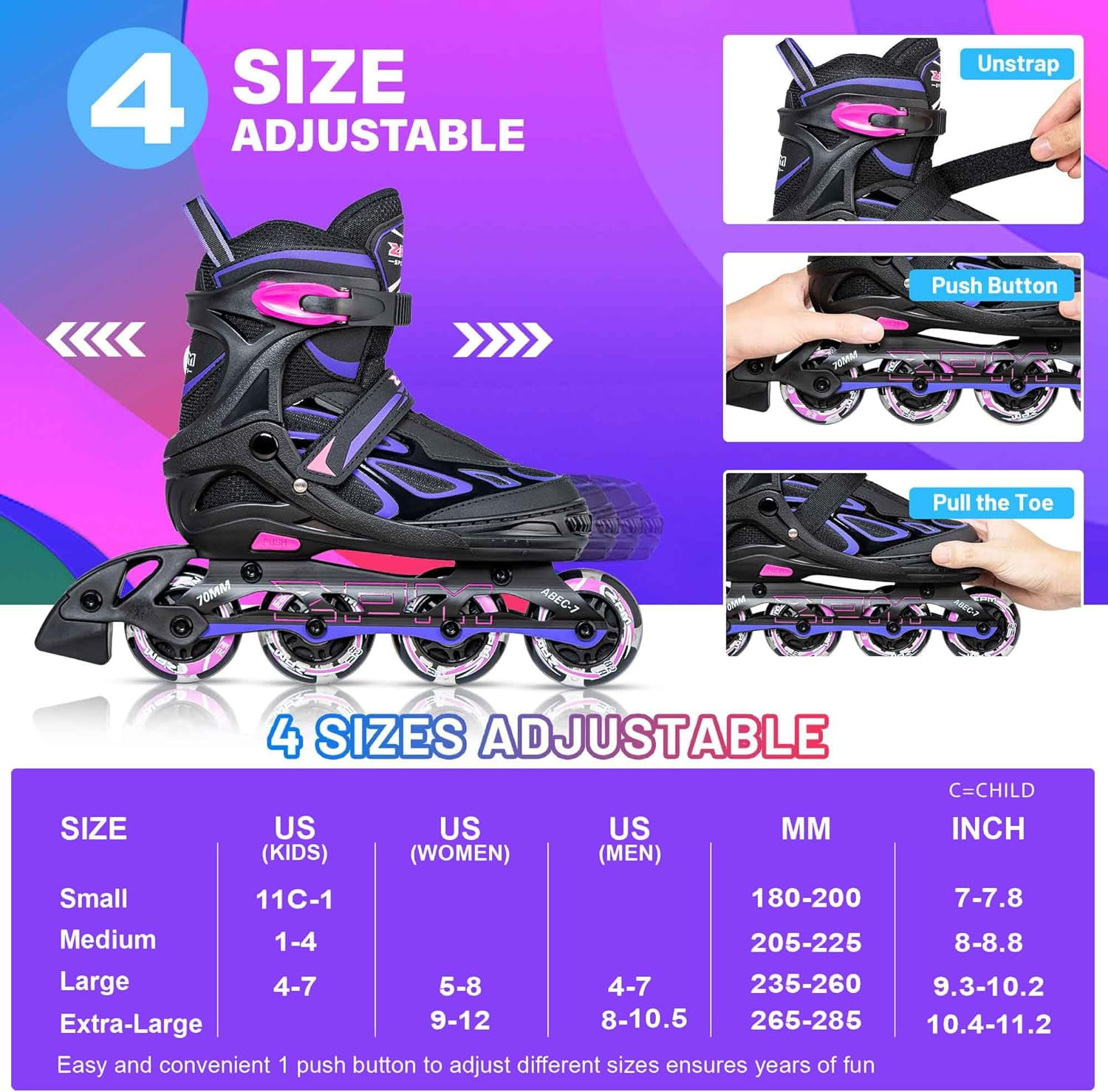 Adjustable Flashing Inline Skates, All Wheels Light Up, Fun Illuminating Skates for Kids Men Adult Women and Boys