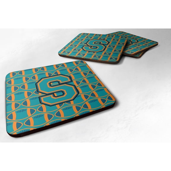 Letter S Football Aqua Orange and Marine Blue Foam Coaster Set of 4