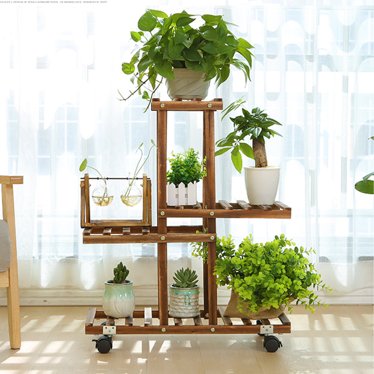 4 Tier Garden Wooden Plant Stand Pot Holder Display Shelf Indoor/Outdoor Wheels