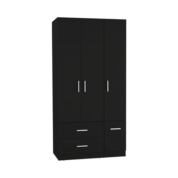 Armoire Wardrove 71", 4 Doors, Hanging Rod, 3 Cabinets, 6 Shelves, Black