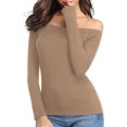 thumbnail image 3 of BLVB Womens Shirts off the Shoulder Tops Slim Shirts Going out Tops for Women Stretchy Party Blouses Khaki, 3 of 5