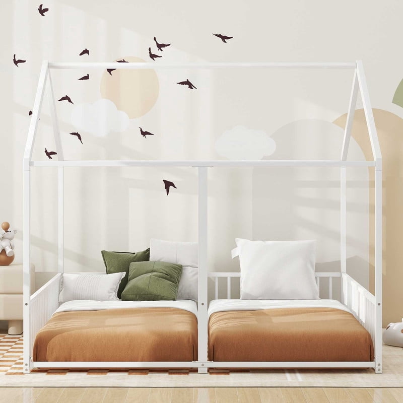 Mirightone Twin Size House Bed for 2 , Double Floor Bed for Twins, Twin House Platform Beds, Metal Floor Bed Frame. (White)