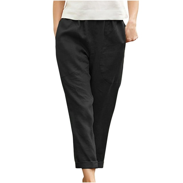 Yuyuzo Womens Plus Size Pants Cotton Linen Elastic High Waist Straight Leg Solid Color Trousers with Pockets