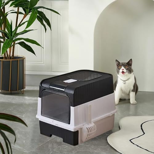 Cat Litter Box, Enclosed Removable Litter Boxs for Big Cats, Front Entry Top Exit Kitty Box Odor Control (Black)