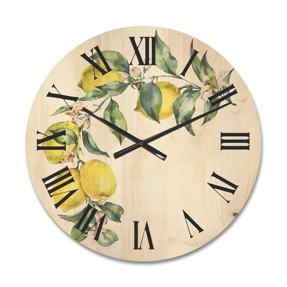 Designart 'Branch of Leaves and Yellow Lemons II' Tropical Wood Wall Clock