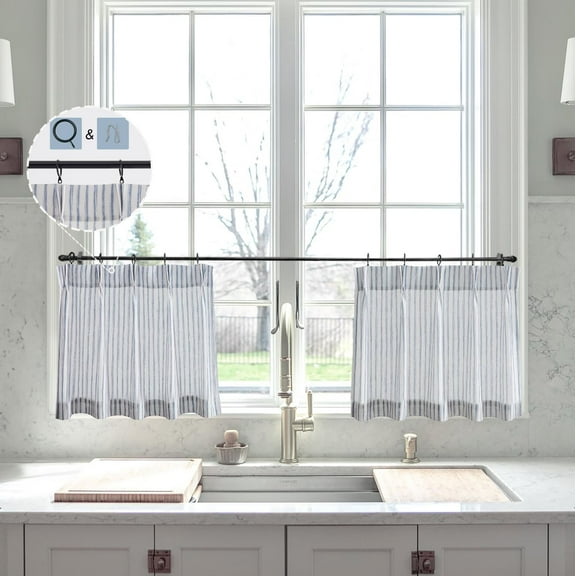 GDDPOD-Blue Linen Kitchen Curtains 18 inch Length Pinch Pleat Cafe Curtains