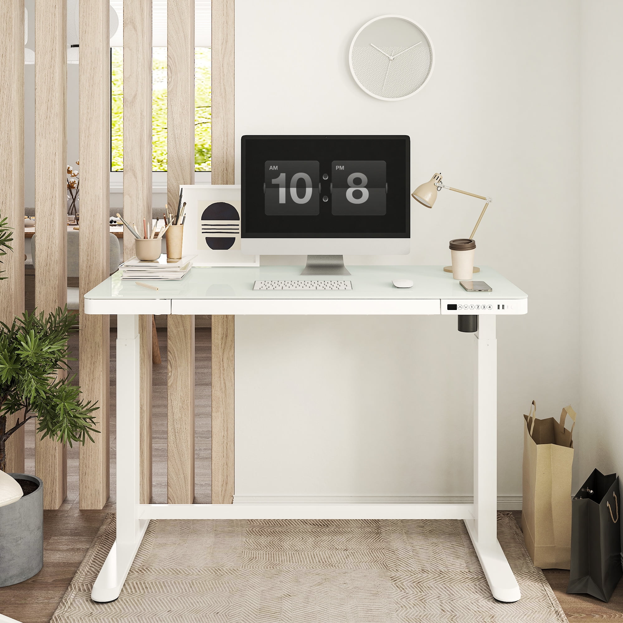 FlexiSpot 48 Workstation Ergonomic Adjustable Height Standing Desk Tempered Glass Top White with Embedded Drawer Walmart