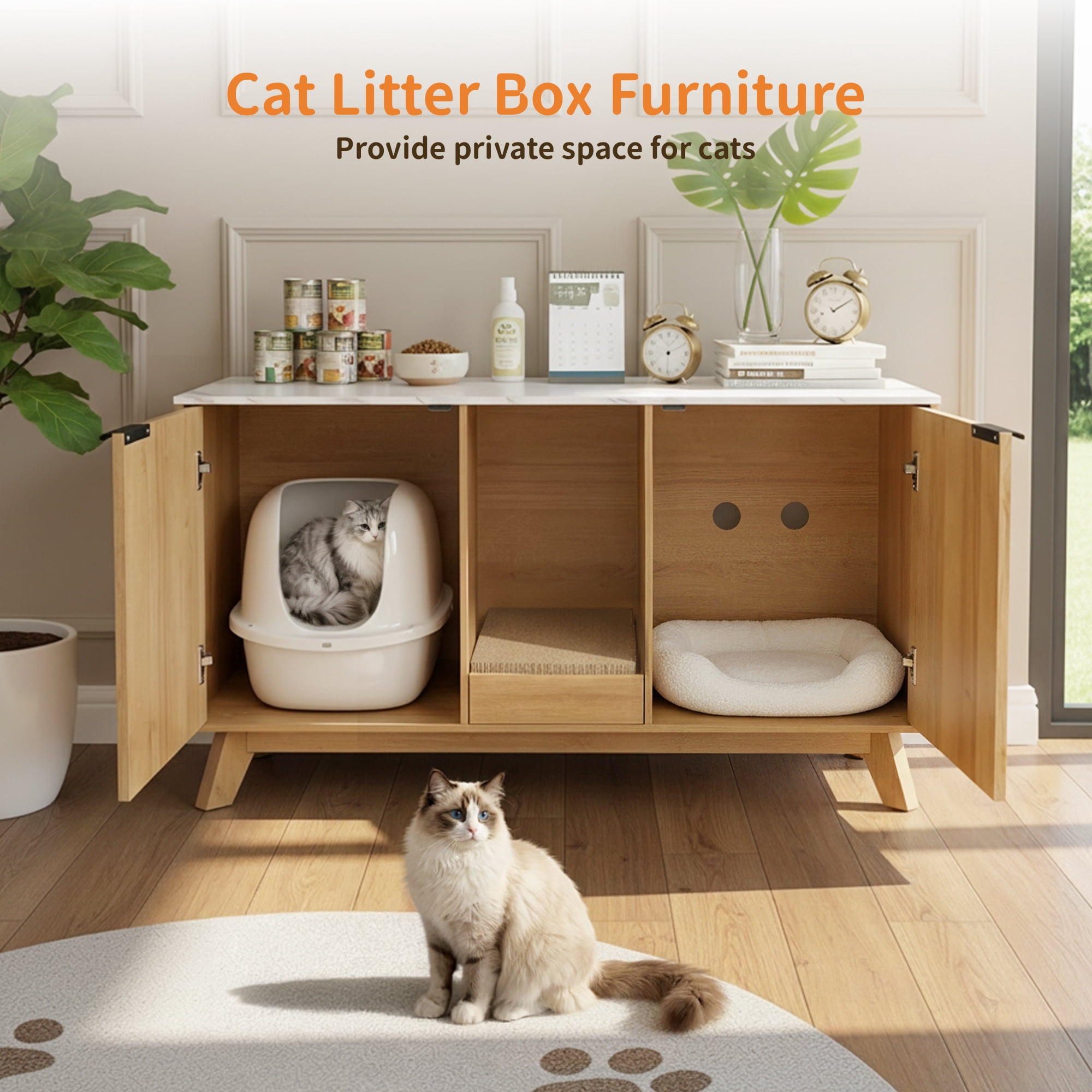 YDN Modern Litter Box Enclosure for Cats- 47" Indoors Hidden Cat Litter Box Furniture for 2 Cats, Wooden Cats Washroom Side Cabinet with Scratching Pad for Most Cat Litter Box,Nature