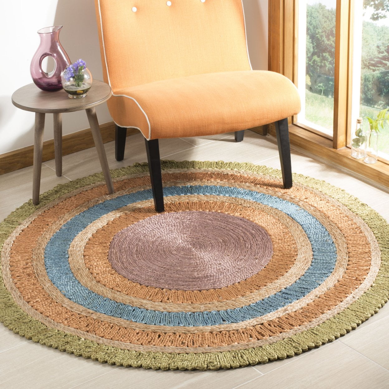 SAFAVIEH Natural Fiber Tanja Braided Jute Area Rug, Green/Multi, 5' x 5' Round