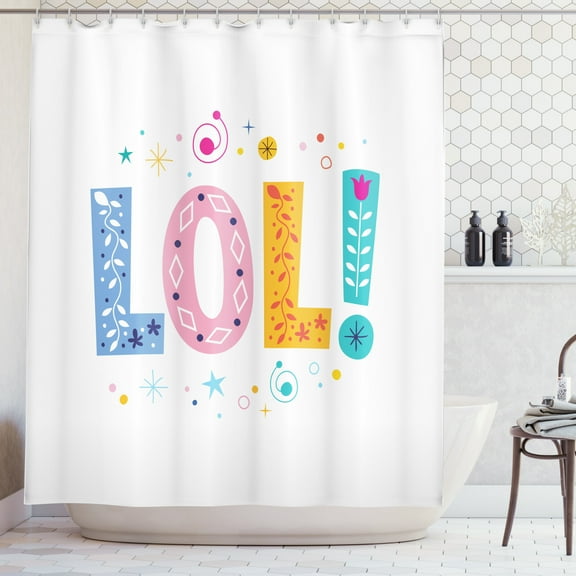 LOL Shower Curtain, SMS Message Expression with Colorful and Floral Letters Amusement Chuckle Phrase, Fabric Bathroom Set with Hooks, 69W X 84L Inches Extra Long, Multicolor, by Ambesonne