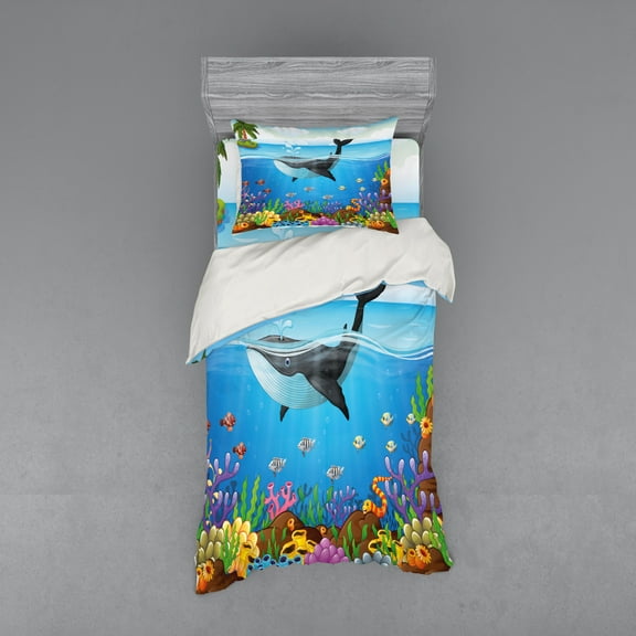 Ambesonne Animal Bedding Set 3 Pcs, Whale in Ocean Planet, Twin, Dark Blue Orange