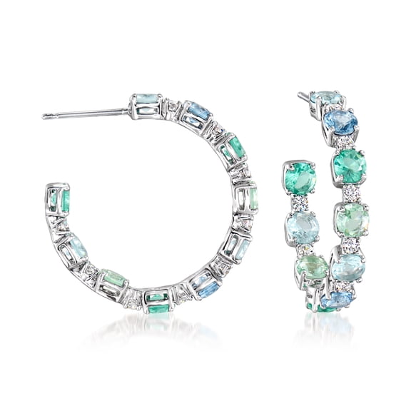 Ross-Simons Rhodium-Plated Hoop Earrings With Simulated Tonal Blue Gemstones and 4.20 ct. t.w. Czs, Women's, Adult