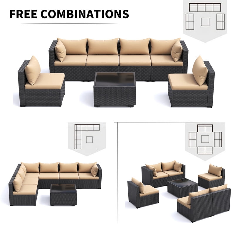 ELPOSUN 7 Pieces Patio Furniture Set, Outdoor Furniture Sectional Rattan Sofa with Patio Couch for Backyard Garden Khaki