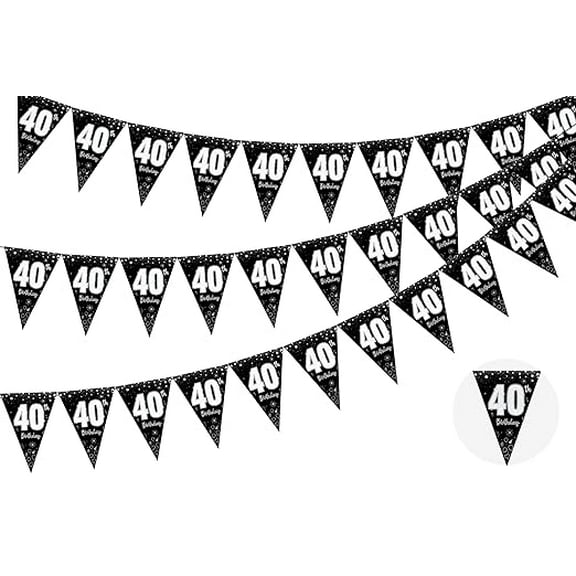 3 Pack 40th Happy Birthday Bunting Banner, 36 Pieces Triangle Flags Black and Silver, Happy 40th Birthday Pennant Banner, Anniversary Party Decorations Supplies for Men Women