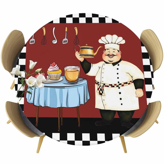Chef Round Tablecloth, Fitted Table Cover with Elastic for 55"-60" Round Tables, Cartoon Red Food Cooking Black White Buffalo Check Table Cloth Outdoor Indoor Dinning Party Waterproof Tablecloths