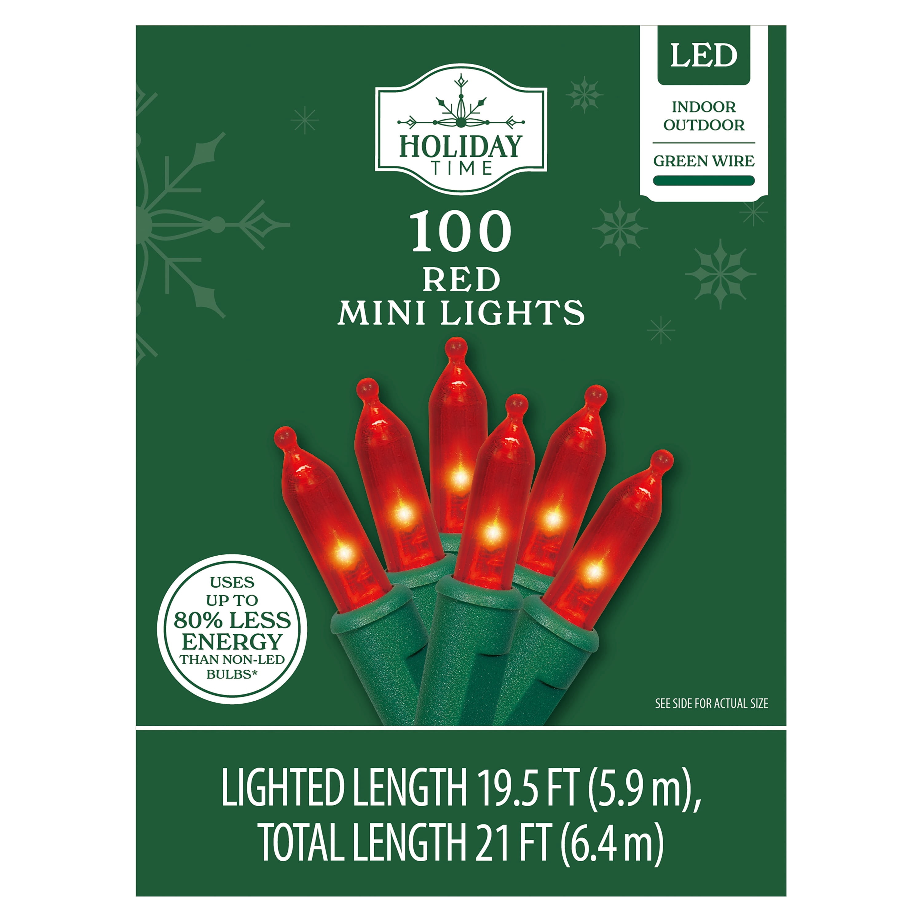 Indoor/Outdoor 100-Count LED Mini Christmas String Lights, Red, Green Wire, 19.5', by Holiday Time