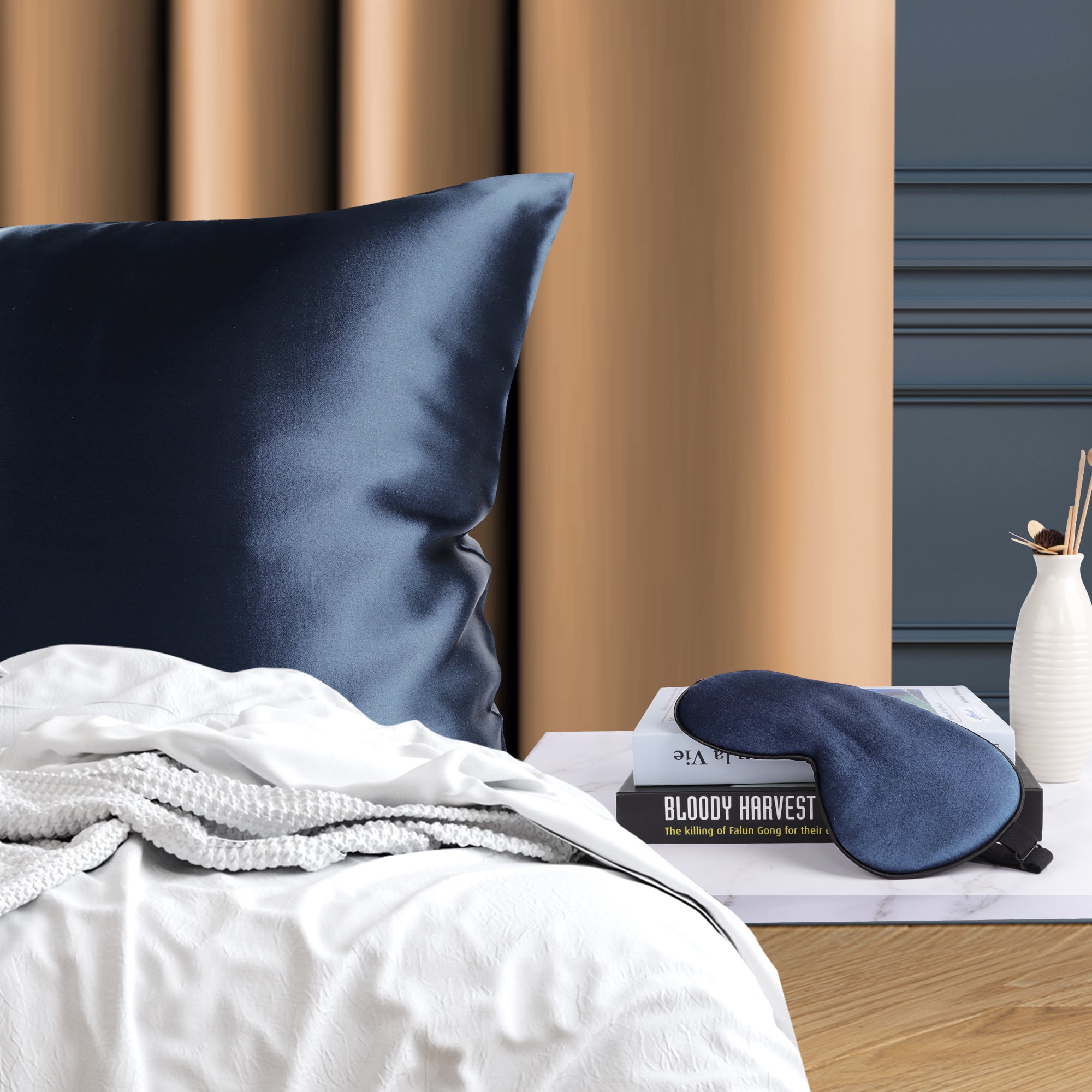 PiccoCasa 19 Momme Silk Pillowcase with Eye Cover Set Queen Navy Blue