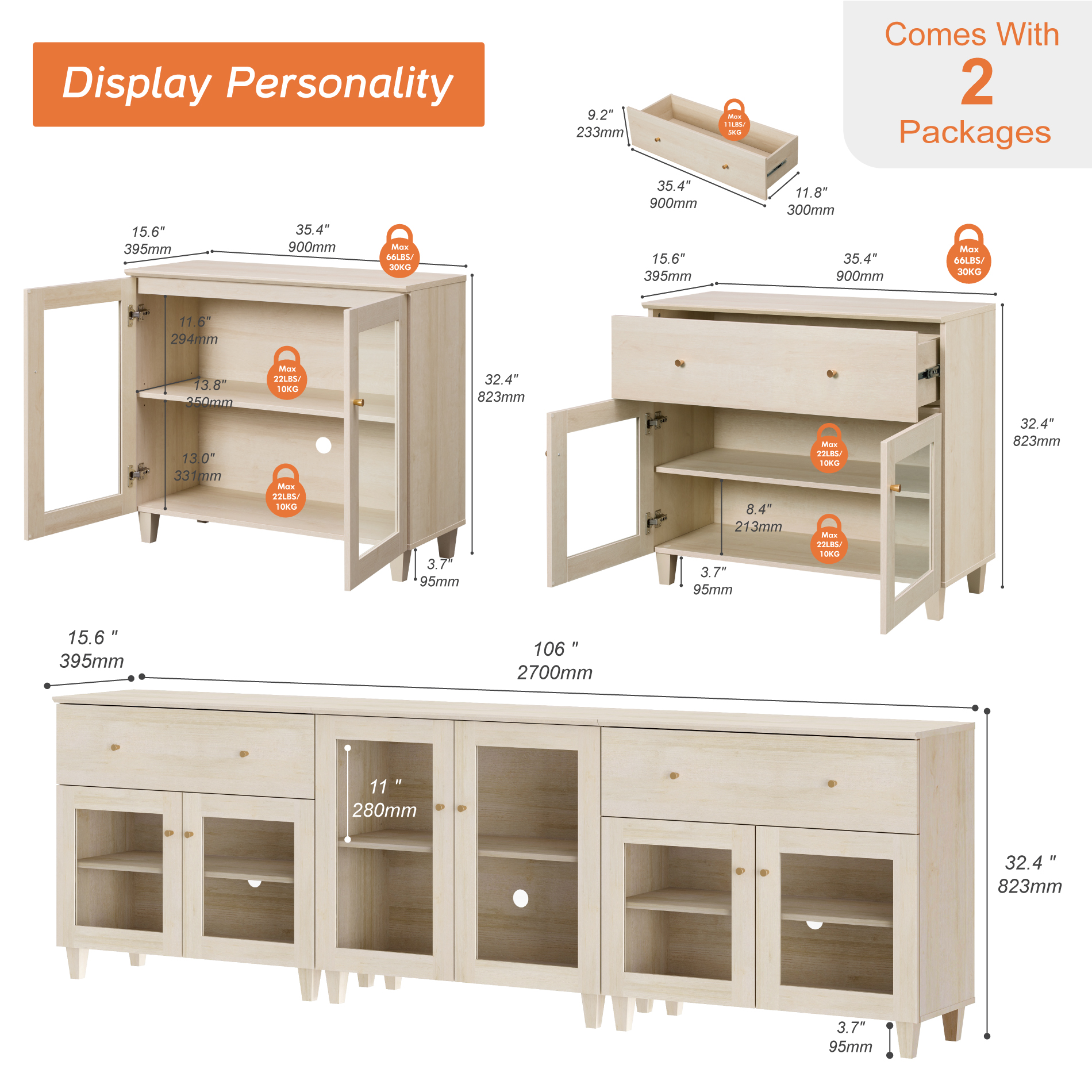 Modern Glass‑Door Combo Dresser, Bedroom Modular Organizer – 2 Wide Drawers, 1 Adjustable Shelf & 2 Fixed Shelves, Anti‑Tip, Light Oak, 106" W