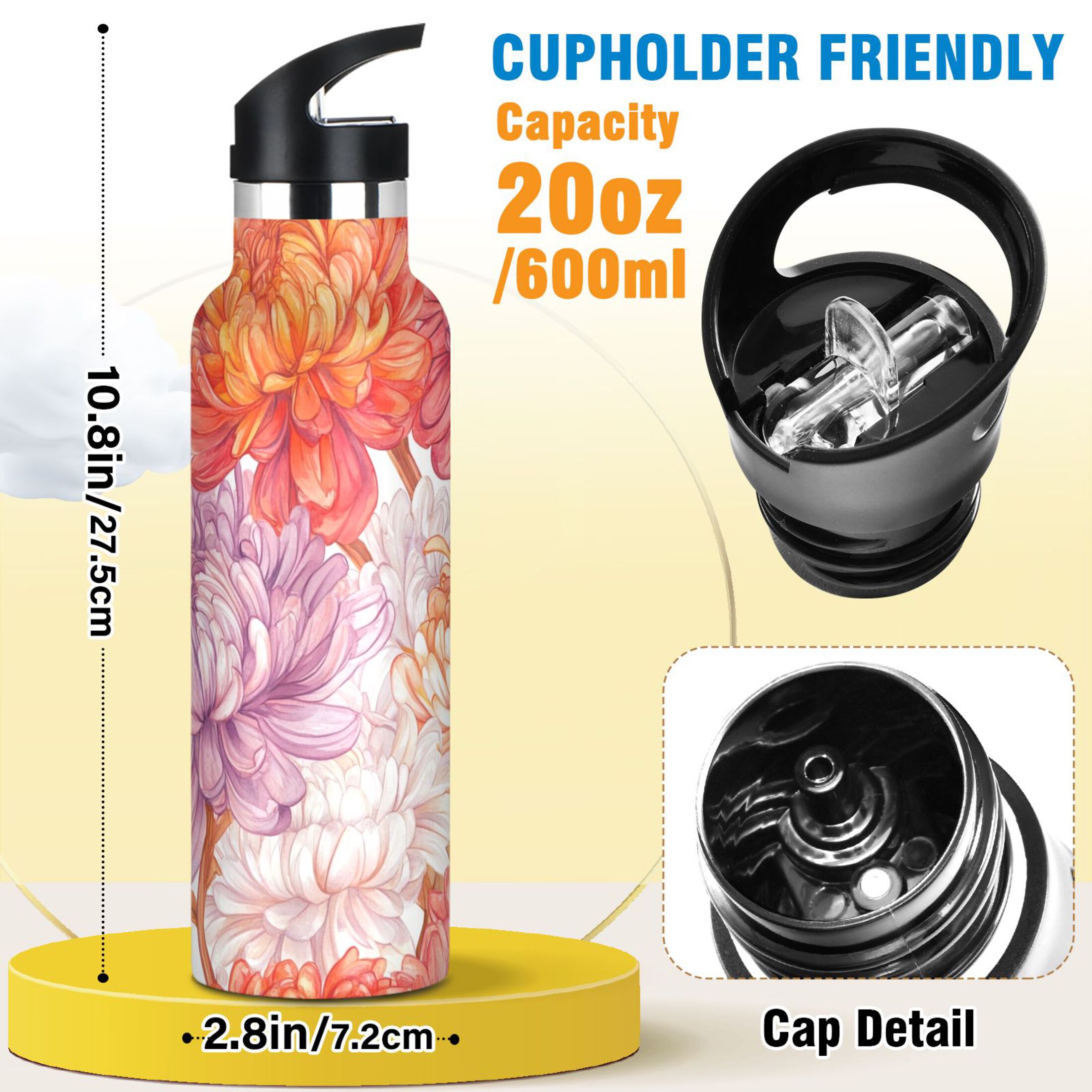 600ML Stainless Steel Insulated Cup Sports Water Bottle Portable Thermos Cup Water Glasses Insulated Tumblers Convenient and Durable Red Chrysanthemum
