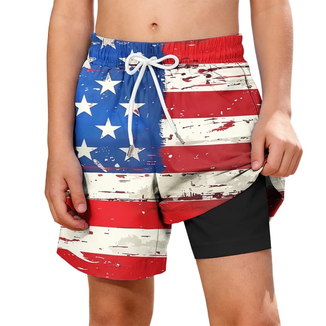 Odeerbi Boys Independence Day Swim Pantalones Patriotic Beach 2-In-1 Compression Liner Board Shorts Con Bolsillos