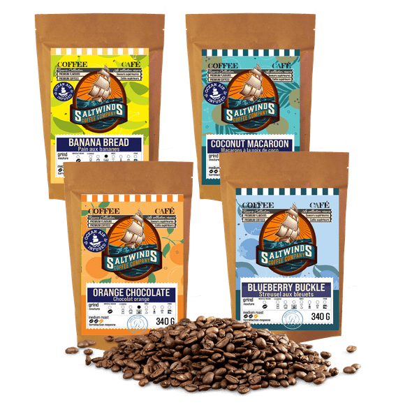 Cafe Quality Flavoured Coffee Bundle (4×340g Whole Bean) | Ocean Air Infused | Canadian-Roasted Flavoured Coffee Bundle – Coconut, Orange, Blueberry & Banana