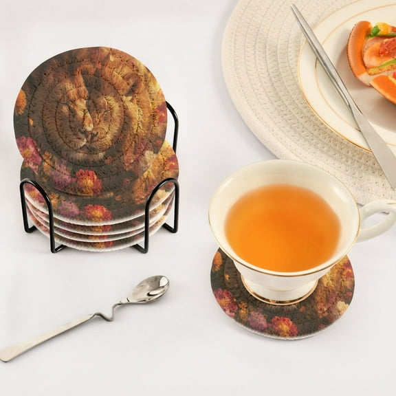 BZSMCE 6Pcs Drink Coasters With Holder 3.94Inch Lions in Flowers Creative Coil Coaster Coasters Colors Absorbent Coasters for Drinks Coasters Set Thicken Heat for Home Table
