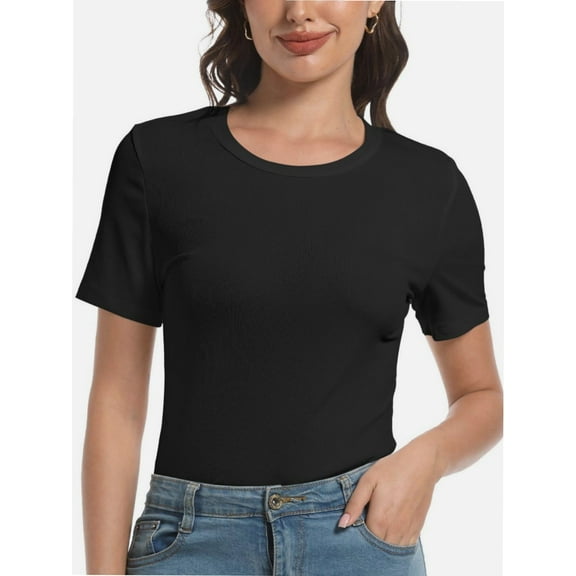 Womens Scoop Neck T Shirts Basic Ribbed Tees Fitted Tshirt Plain Short Sleeve Tops Casual