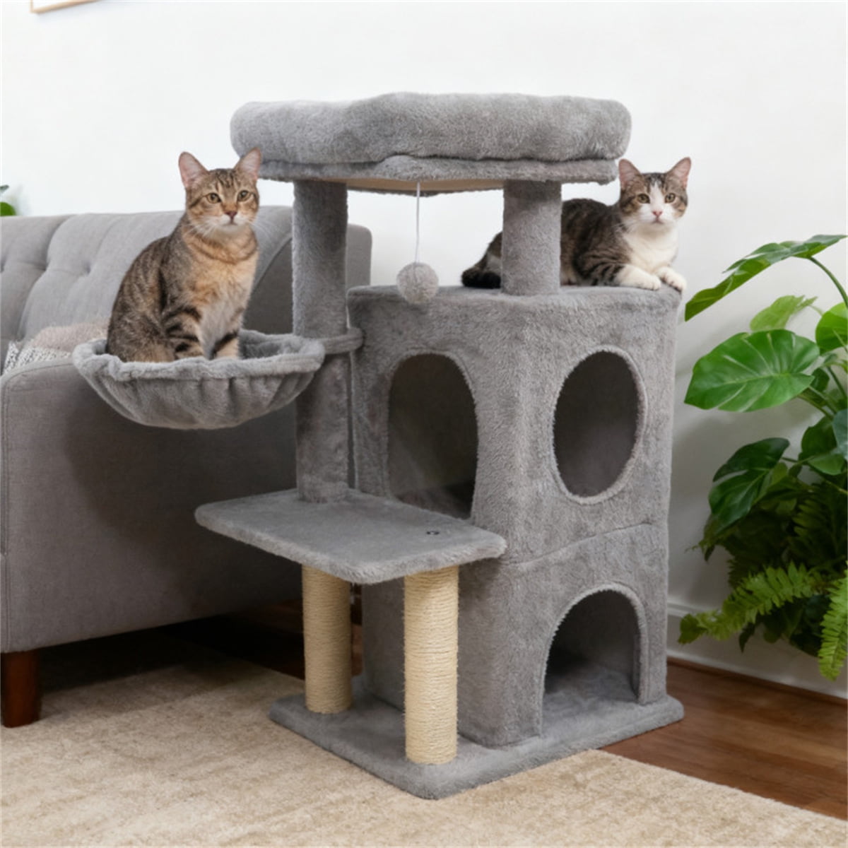 ZephyPaws Tall Cat Tree Tower for Indoor Cat, 35in Multiple-Level Cat Condo with 2 Caves, Cat Scratching Posts,Perches,Gray
