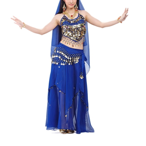 BellyLady Halloween Belly Dance Costume, Halter Bra Top, Hip Scarf and Skirt-NavyBlue