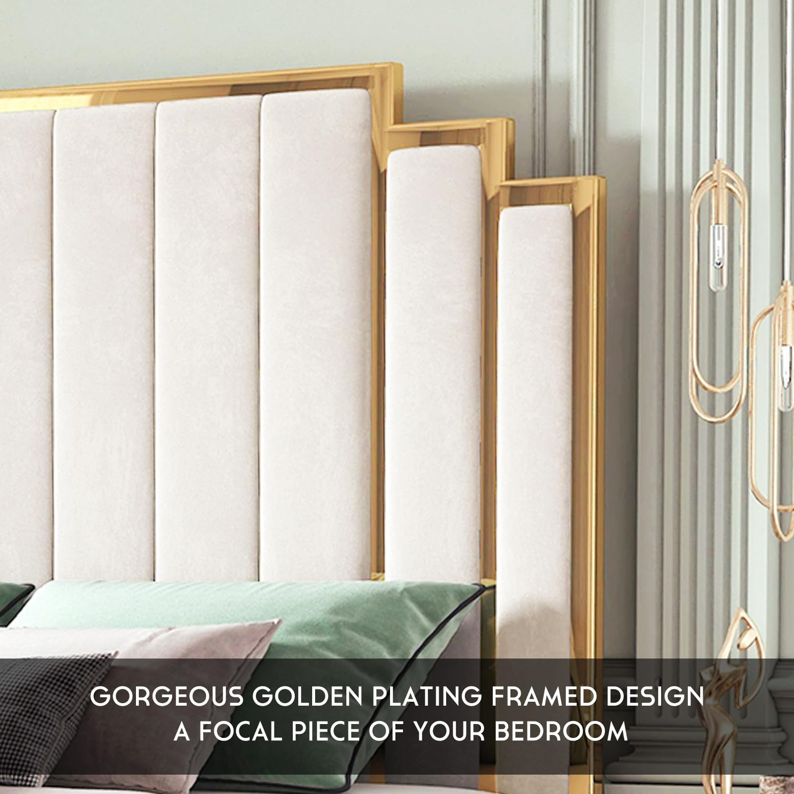 VanAcc Queen Size Bed Frame and 61" Headboard, Upholstered Bed with Golden Plating Trim, Cream