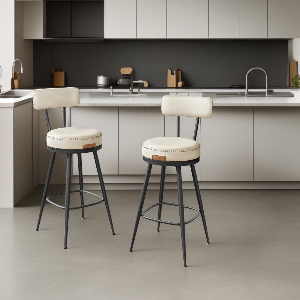 LEDREM Set of 2 Swivel Bar Stools, 25.6-Inch Counter Height Stools with Backrest & Synthetic Leather, Mid-Century Modern, Cream White