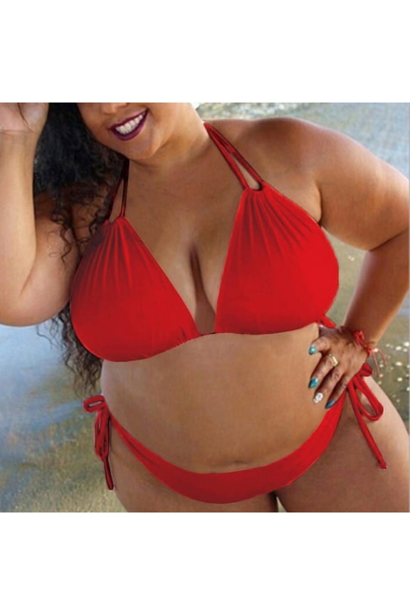 2024 Women Plus Size Two Piece Swimsuit Sexy Swimwear Halter String Triangle Bikini Sets Red 2XL