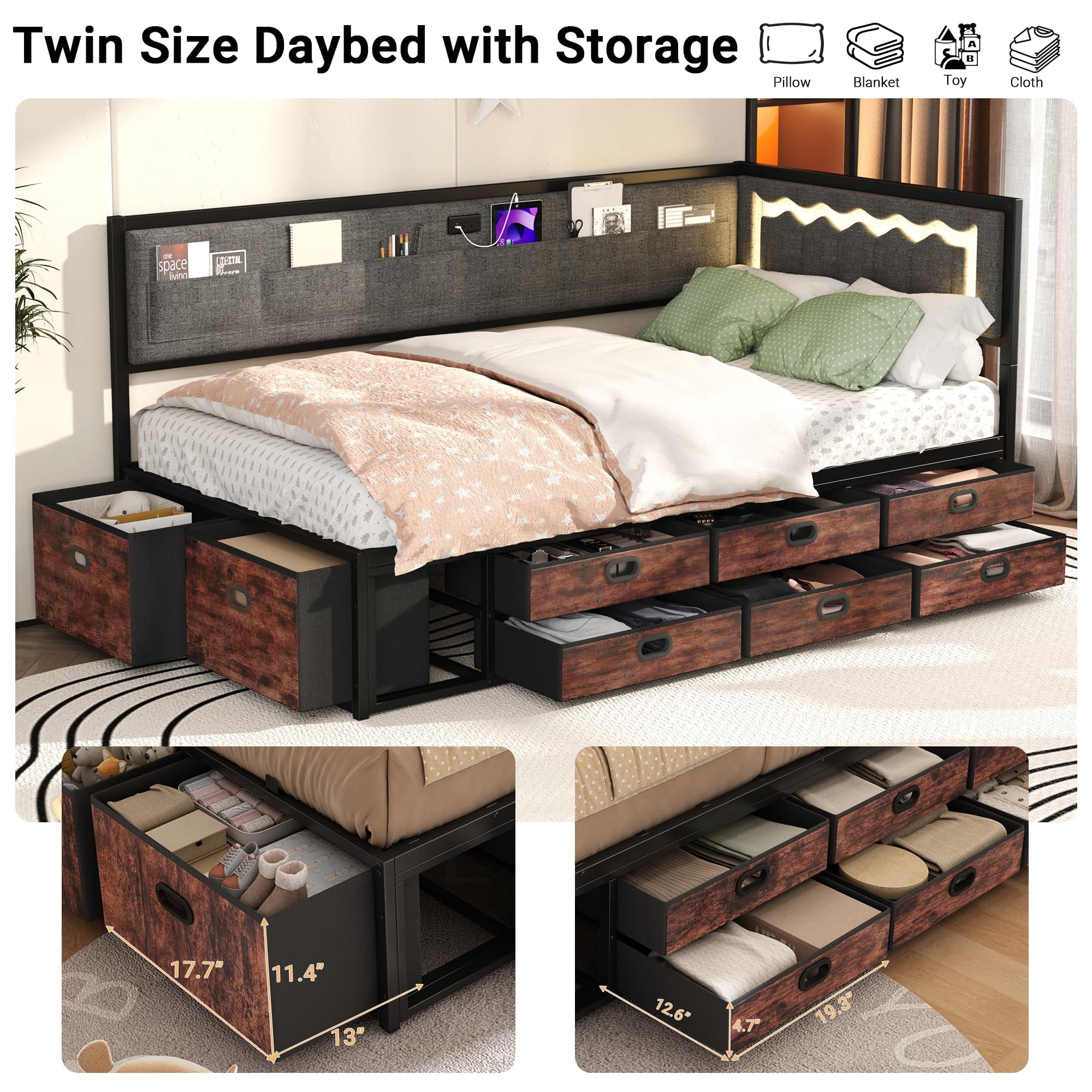 Miniyam Twin Daybed with Storage Drawers, Charging Station and LED Light, Reversible Upholstered Corner Bed Frame