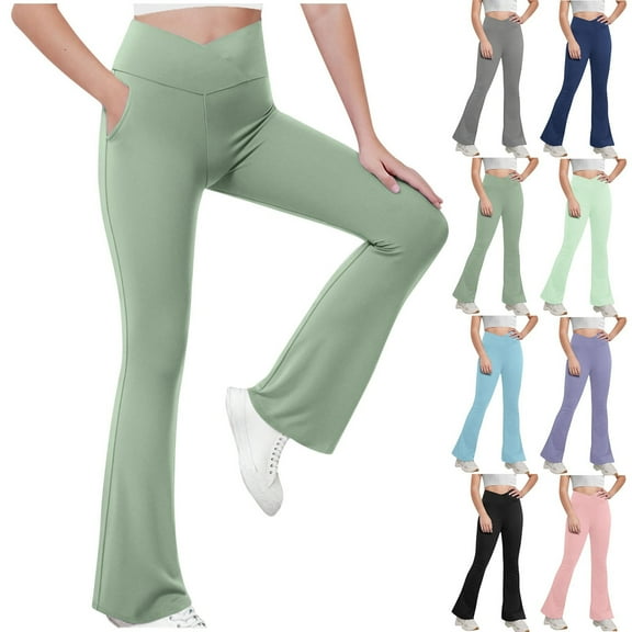 Vibrex Girls' Flare Leggings Cross High Waisted Bootcut Yoga Dance Pants Kids Bell Bottoms Leggings with Pockets Teen Girls Pants Kids Active Crossover Split Hem Flare Leggings with Pockets