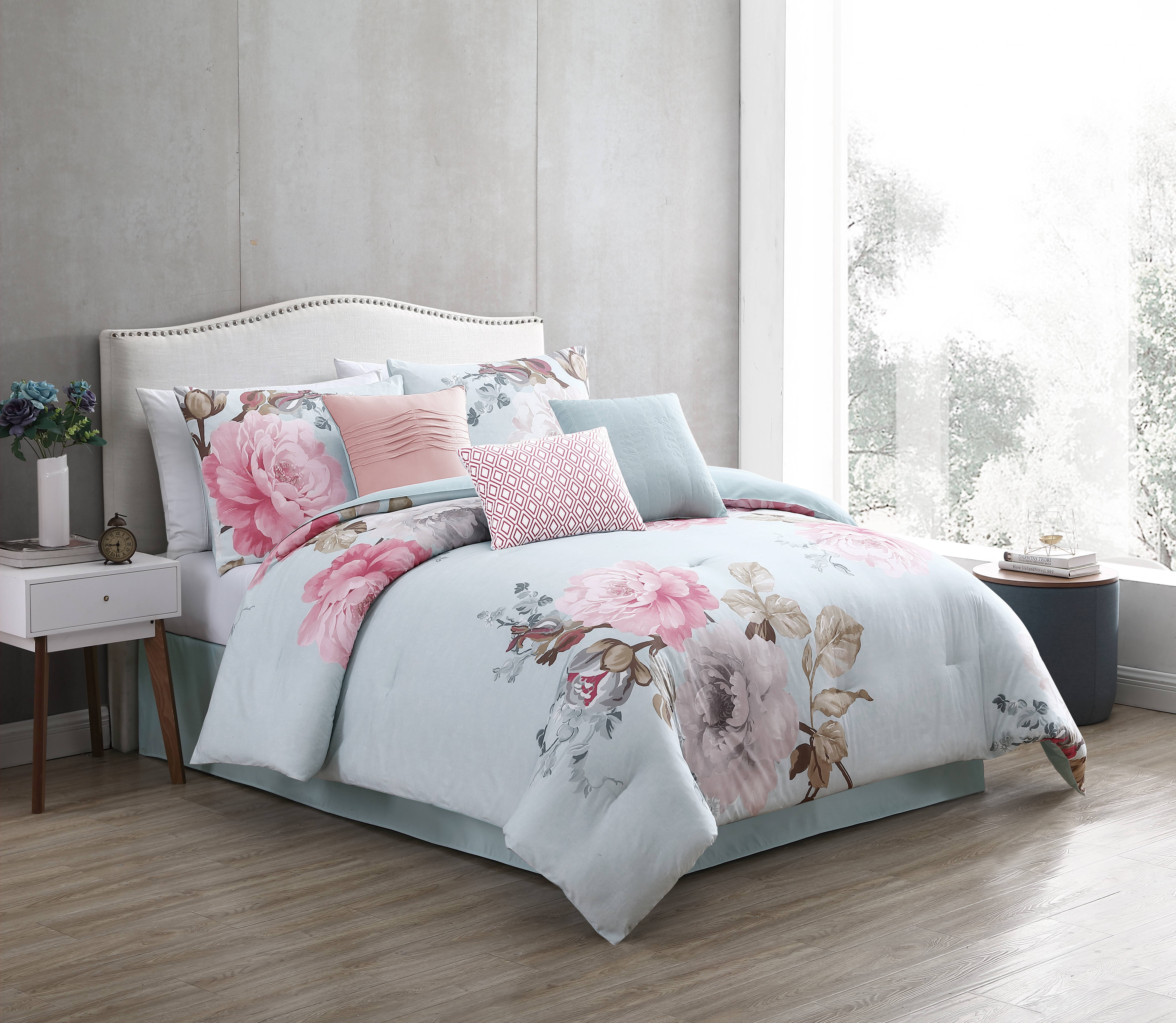 Riverbrook Home Ridgely Blush/Spa Printed Floral 7 pc Queen Comforter ...