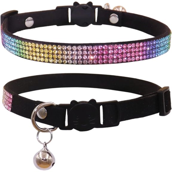 Mumup Bling cat Kitten Collar Rainbow Rhinestone Breakaway Diamond with Bell Soft Velvet Quick Release 1Pack