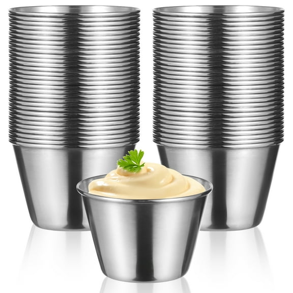 50 Pcs Metal Sauce Cups, 2.5 oz Stainless Steel Condiment Cups, Reusable Metal Ramekins, Small Dipping Bowls, Round Individual Portion Cups for Home, Restaurant