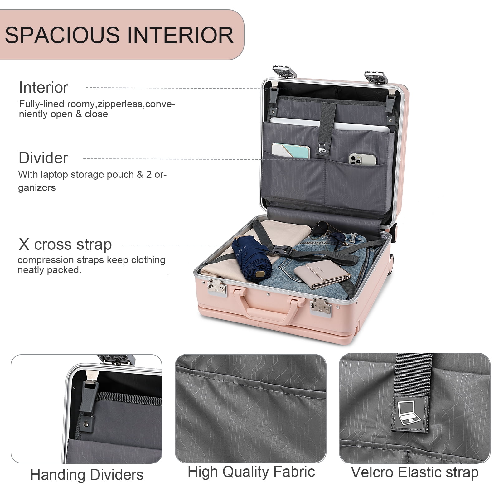 Somago Aluminum Frame 18" Carry On Luggage Wide Handle Suitcase Built-In Double TSA Lock Hardside Lightweight PC Travel Suitcase with Spinner Wheels