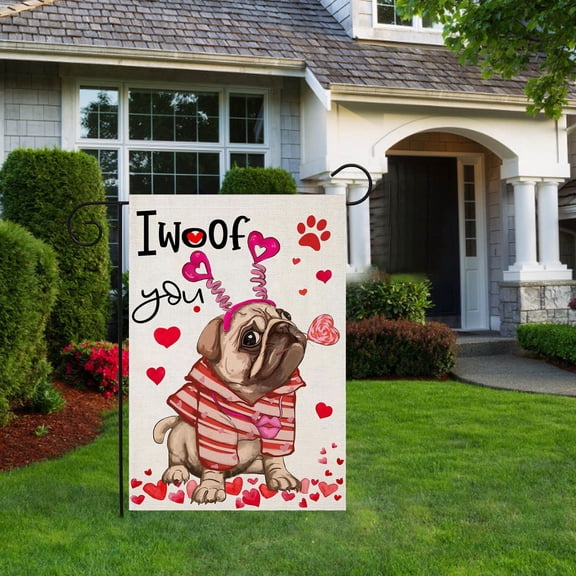 Valentine's Day Garden Flag 12x18 Double Sided, Cute Pug Dog with Heart Headband "I Woof You" Yard Flag, Funny Puppy Burlap Outdoor Decor, Rustic Holiday Farmhouse Decoration for Dog Lovers