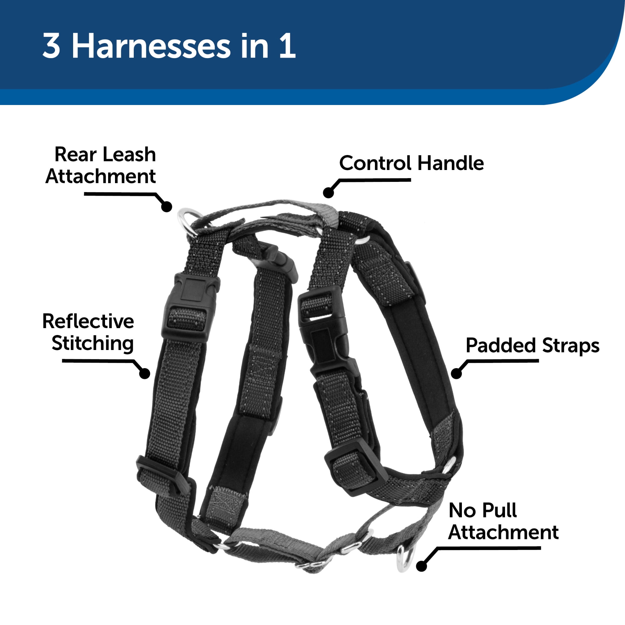 PetSafe® 3 in 1 Harness with Two Point Control Leash, Medium, Black