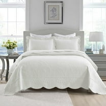 3-Piece Elegantly Embroidered 100% Cotton Oversized Quilt Bedspread Set Wavy Edge TX
