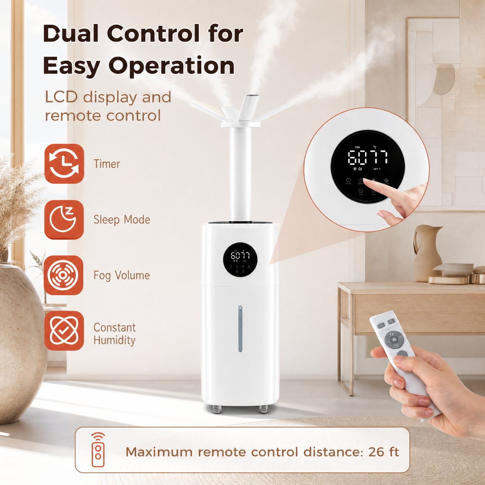 RUIE 5.5 Gallon Humidifier for Large Room, Cool Mist Humidifier for Home Bedroom with 360 Degree Nozzles and Wheels, Top Fill Humidifier with Remote and Timer, 2000 Sq Ft, White