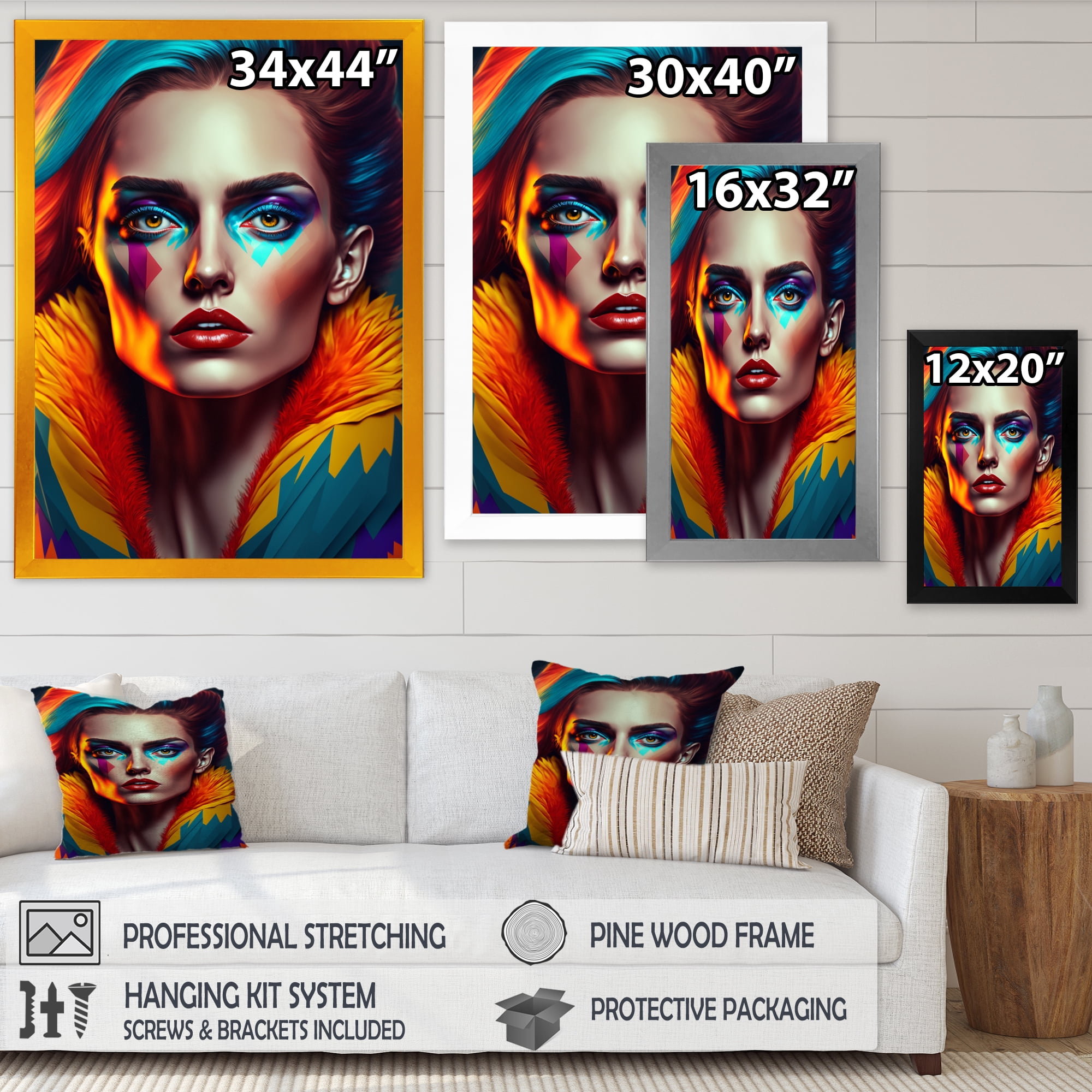 Designart Colorful Sensual Woman In Fur Coat IV Framed Wall Art